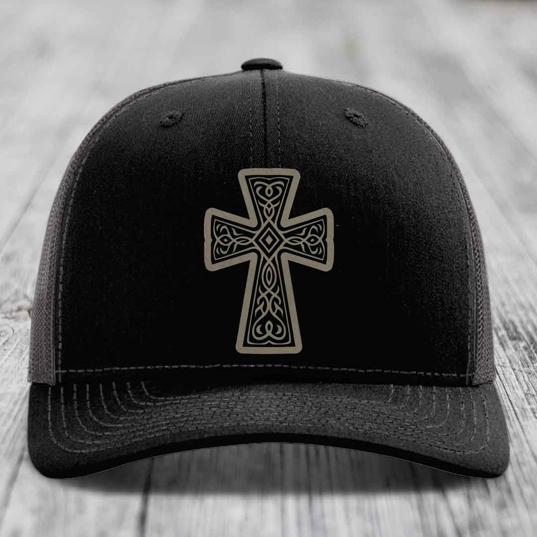 Graceforged Cross - Leather Patch Hat - Light Brown to Black Patch - Richardson 112 Snapback Trucker Hat