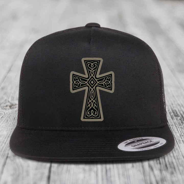 Graceforged Cross - Leather Patch Hat - Light Brown to Black Patch - Yupoong 6006 Snapback Flatbill Hat