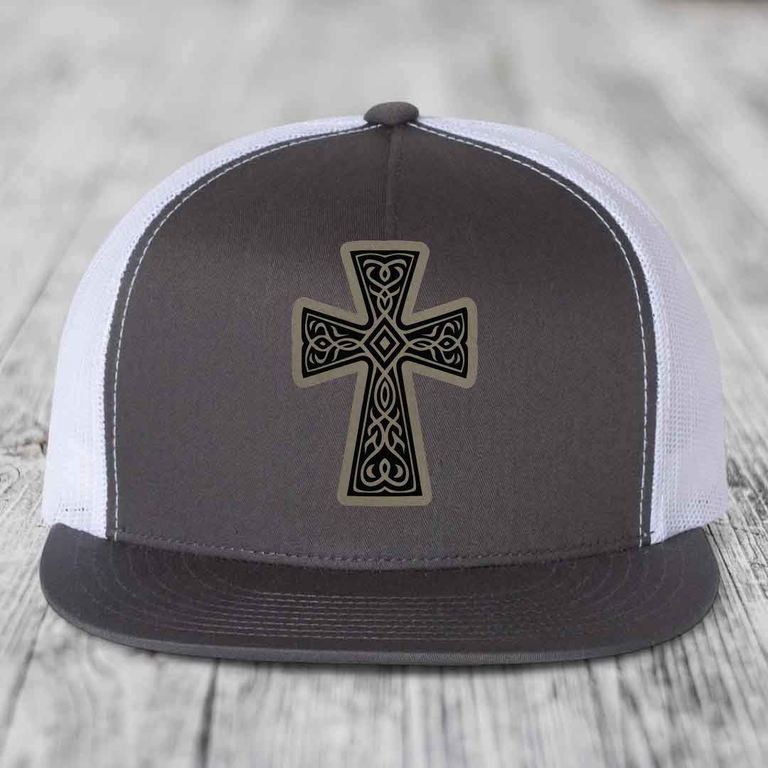 Graceforged Cross - Leather Patch Hat - Light Brown to Black Patch - Yupoong 6006 Snapback Flatbill Hat