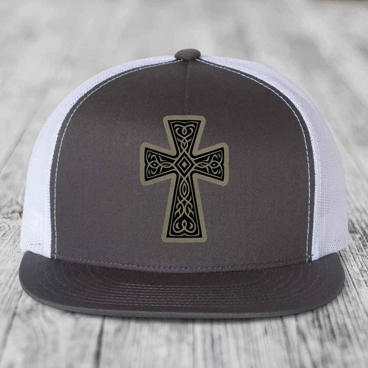 Graceforged Cross - Leather Patch Hat - Light Brown to Black Patch - Yupoong 6006 Snapback Flatbill Hat