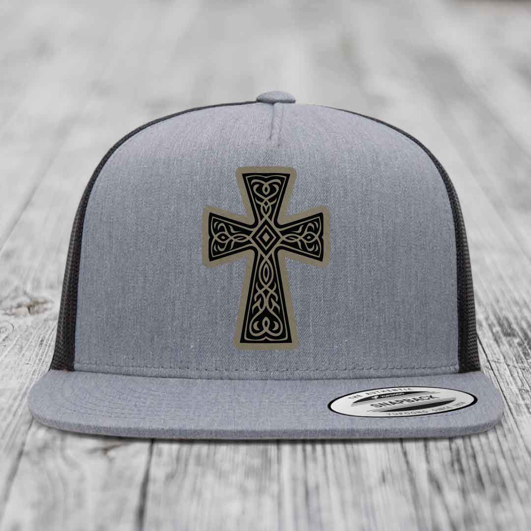 Graceforged Cross - Leather Patch Hat - Light Brown to Black Patch - Yupoong 6006 Snapback Flatbill Hat