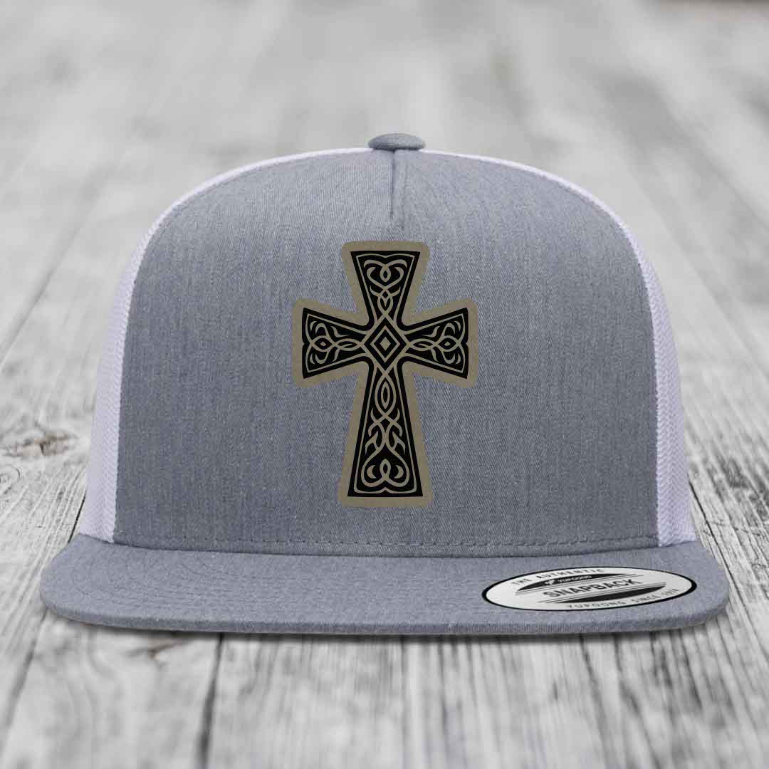Graceforged Cross - Leather Patch Hat - Light Brown to Black Patch - Yupoong 6006 Snapback Flatbill Hat