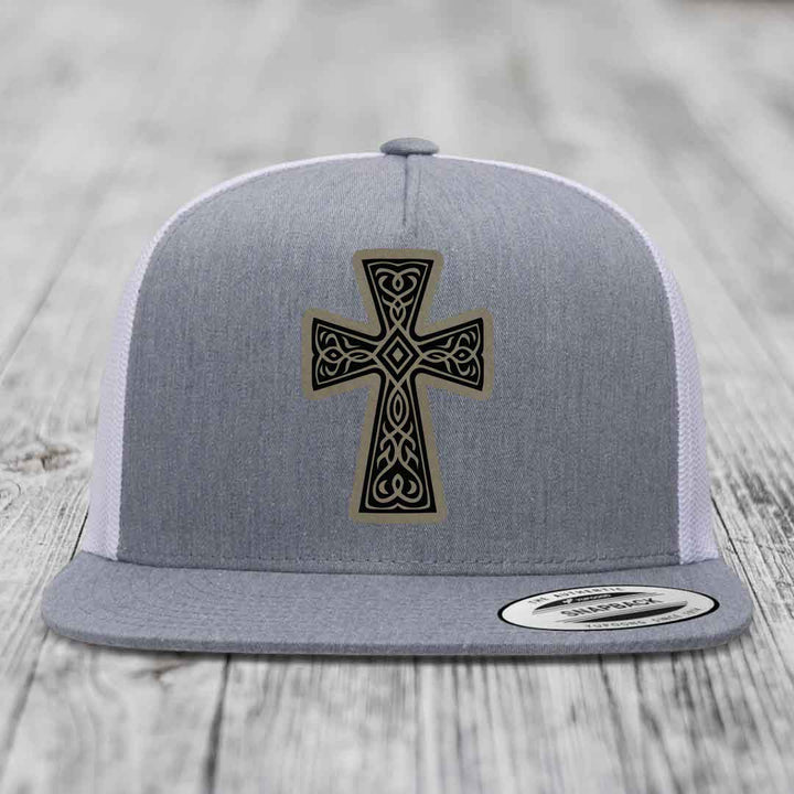 Graceforged Cross - Leather Patch Hat - Light Brown to Black Patch - Yupoong 6006 Snapback Flatbill Hat