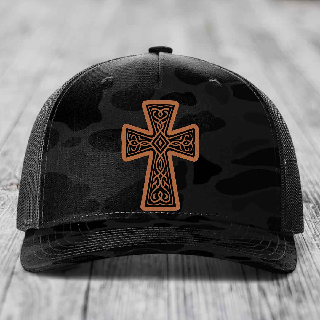 Graceforged Cross - Leather Patch Hat - Rawhide to Black Patch - Richardson 112PFP Snapback Trucker Hat
