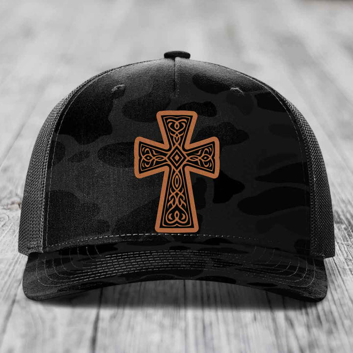 Graceforged Cross - Leather Patch Hat - Rawhide to Black Patch - Richardson 112PFP Snapback Trucker Hat