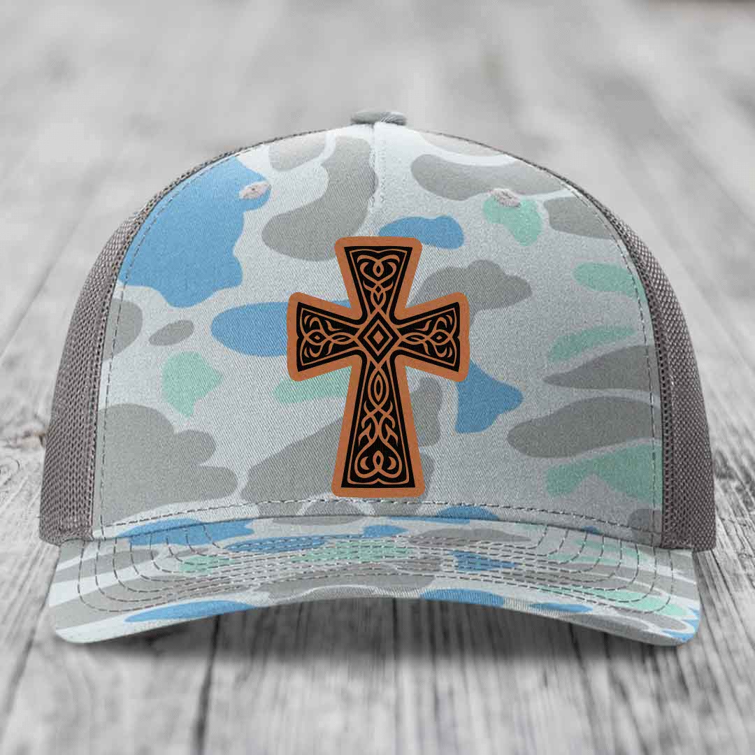 Graceforged Cross - Leather Patch Hat - Rawhide to Black Patch - Richardson 112PFP Snapback Trucker Hat