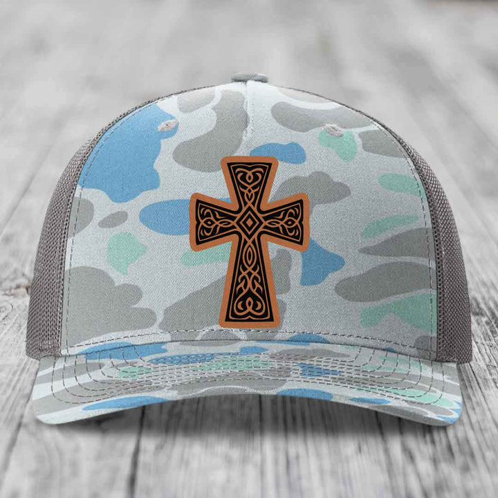 Graceforged Cross - Leather Patch Hat - Rawhide to Black Patch - Richardson 112PFP Snapback Trucker Hat