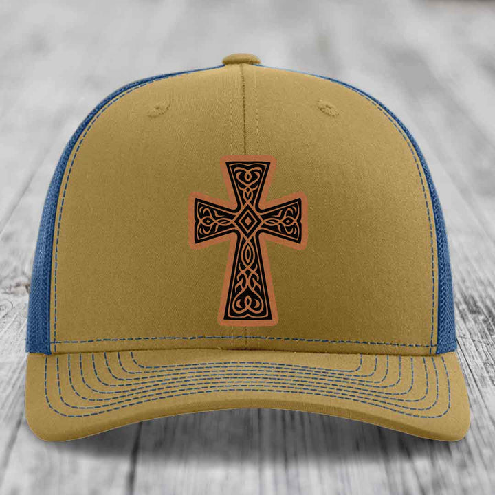 Graceforged Cross - Leather Patch Hat - Rawhide to Black Patch - Richardson 112 Snapback Trucker Hat