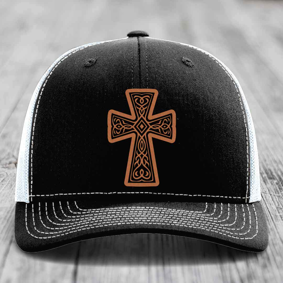 Graceforged Cross - Leather Patch Hat - Rawhide to Black Patch - Richardson 112 Snapback Trucker Hat