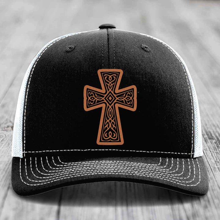 Graceforged Cross - Leather Patch Hat - Rawhide to Black Patch - Richardson 112 Snapback Trucker Hat