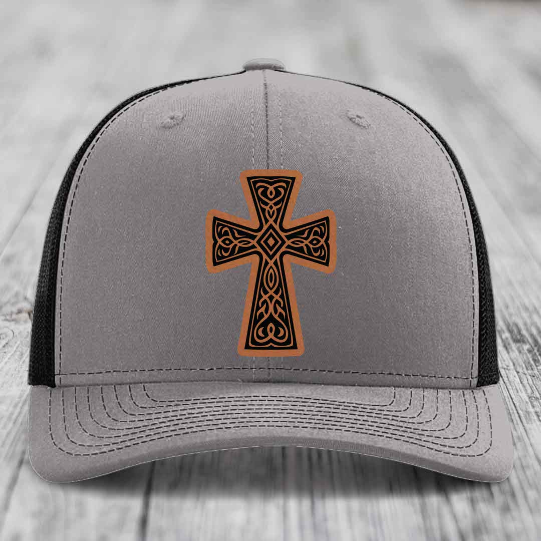 Graceforged Cross - Leather Patch Hat - Rawhide to Black Patch - Richardson 112 Snapback Trucker Hat