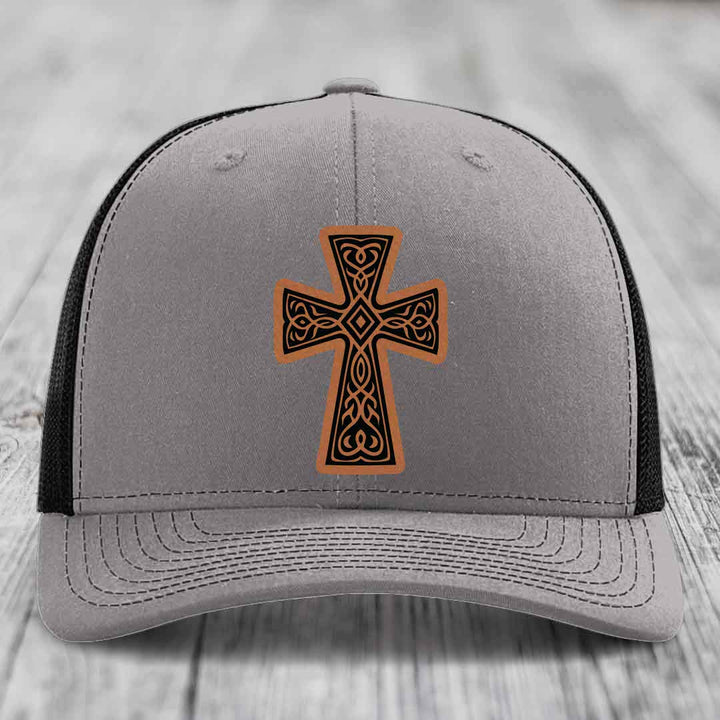 Graceforged Cross - Leather Patch Hat - Rawhide to Black Patch - Richardson 112 Snapback Trucker Hat