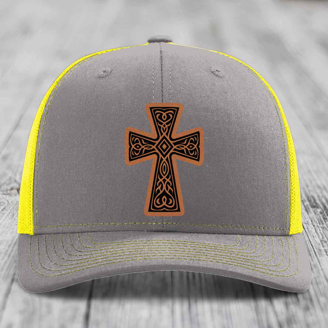 Graceforged Cross - Leather Patch Hat - Rawhide to Black Patch - Richardson 112 Snapback Trucker Hat