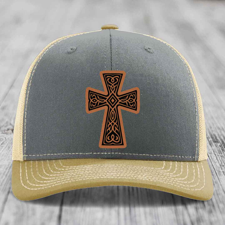 Graceforged Cross - Leather Patch Hat - Rawhide to Black Patch - Richardson 112 Snapback Trucker Hat