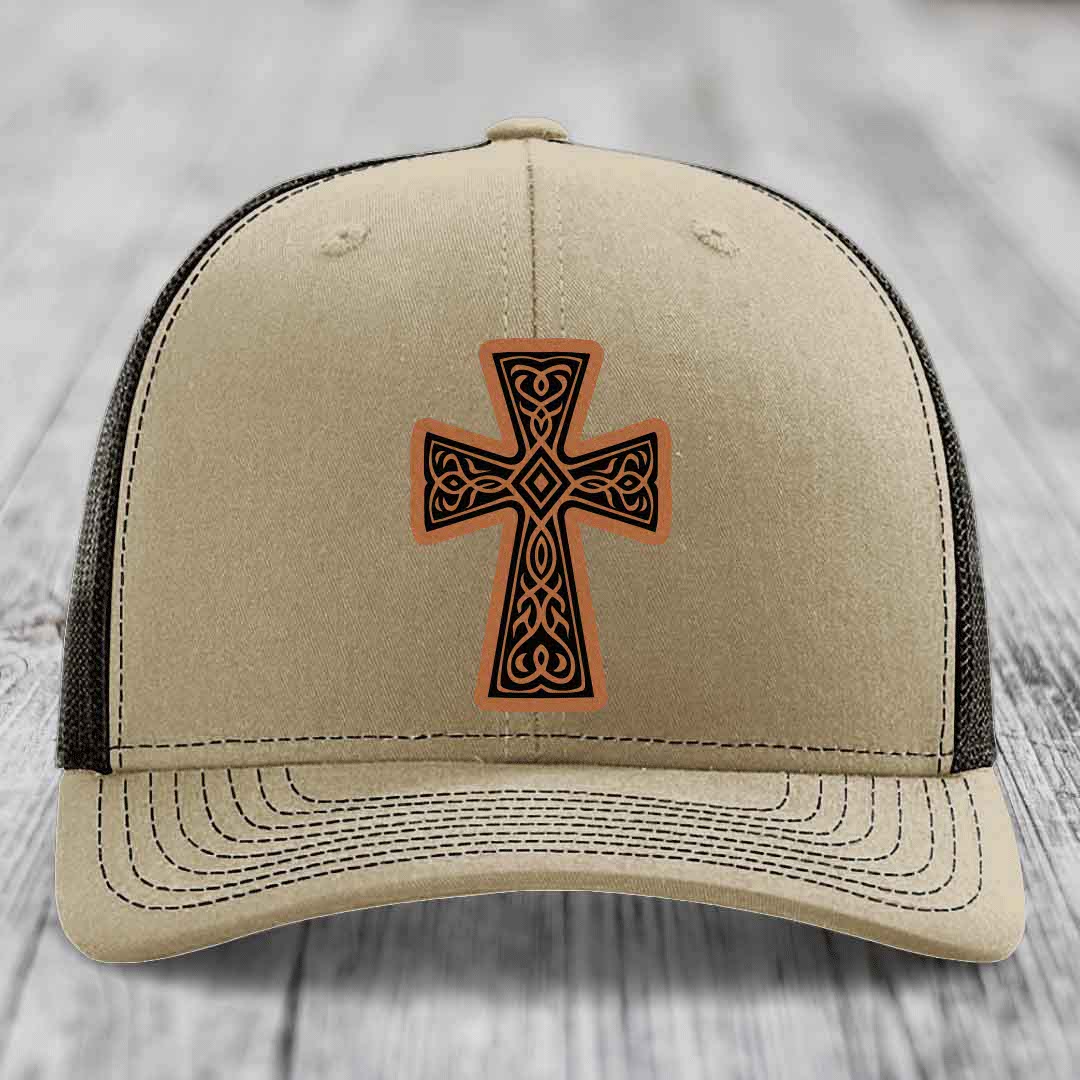 Graceforged Cross - Leather Patch Hat - Rawhide to Black Patch - Richardson 112 Snapback Trucker Hat