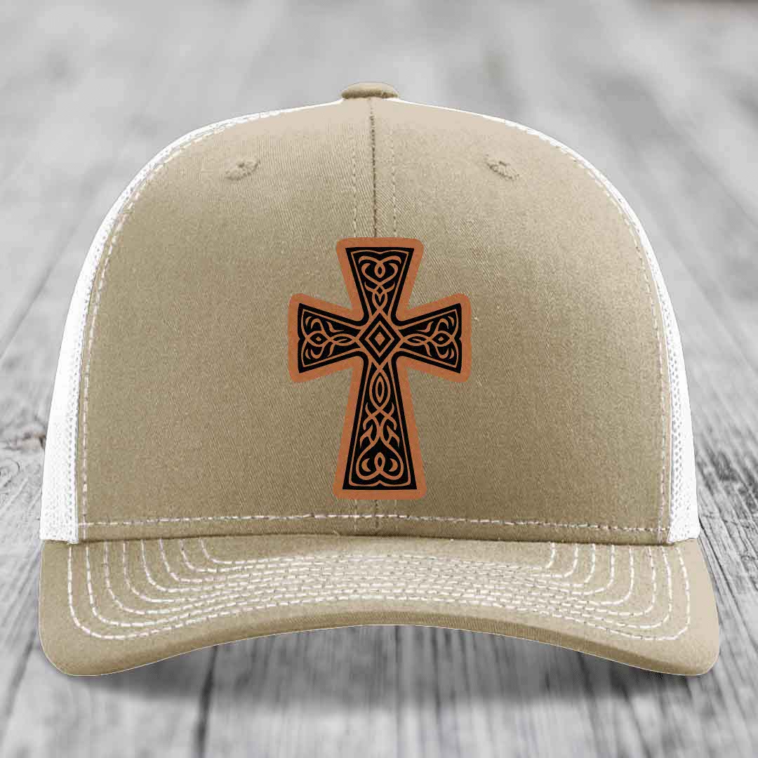 Graceforged Cross - Leather Patch Hat - Rawhide to Black Patch - Richardson 112 Snapback Trucker Hat