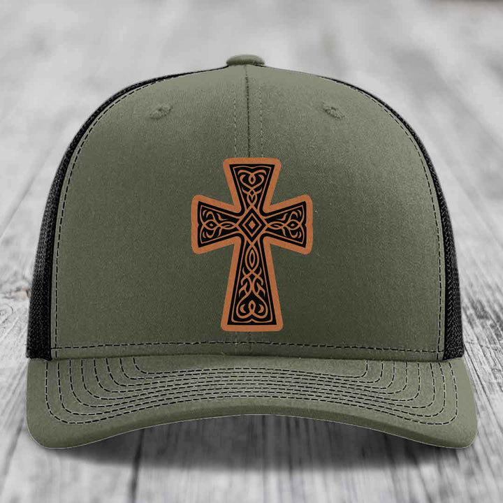 Graceforged Cross - Leather Patch Hat - Rawhide to Black Patch - Richardson 112 Snapback Trucker Hat