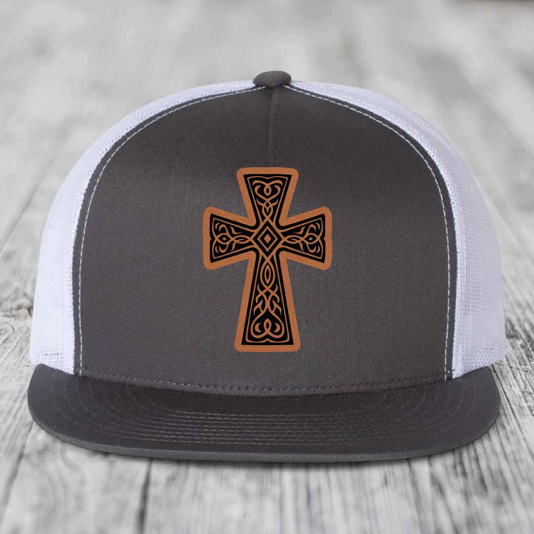 Graceforged Cross - Leather Patch Hat - Rawhide to Black Patch - Yupoong 6006 Snapback Flatbill Hat
