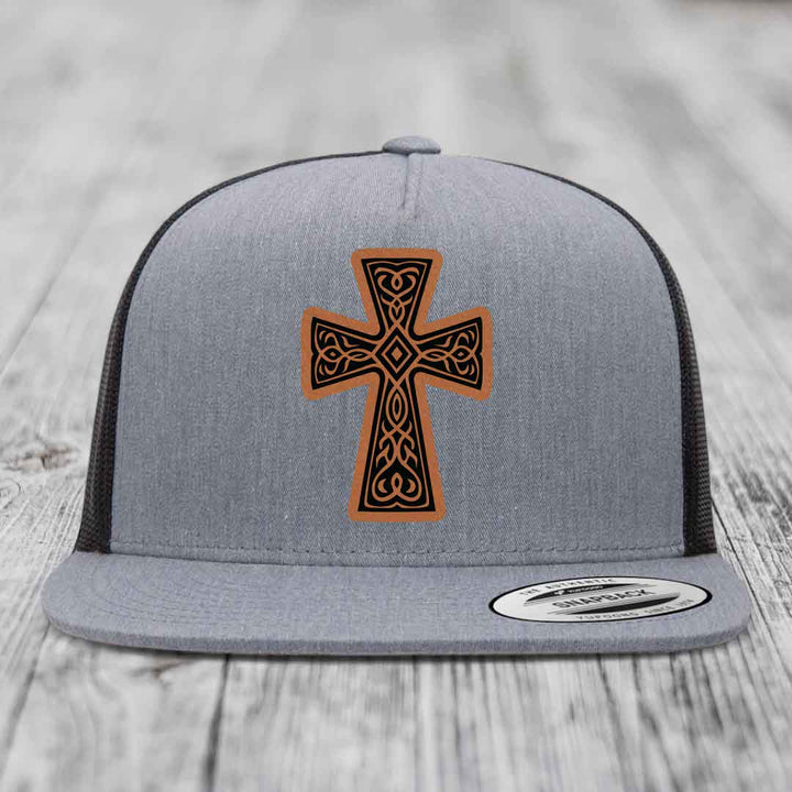 Graceforged Cross - Leather Patch Hat - Rawhide to Black Patch - Yupoong 6006 Snapback Flatbill Hat