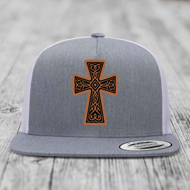 Graceforged Cross - Leather Patch Hat - Rawhide to Black Patch - Yupoong 6006 Snapback Flatbill Hat