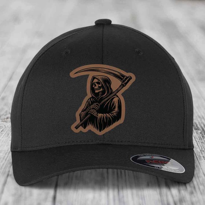 Grim Reaper - Leather Patch Hat - Dark Brown to Black Patch - Flexfit 6277 Fitted Hat