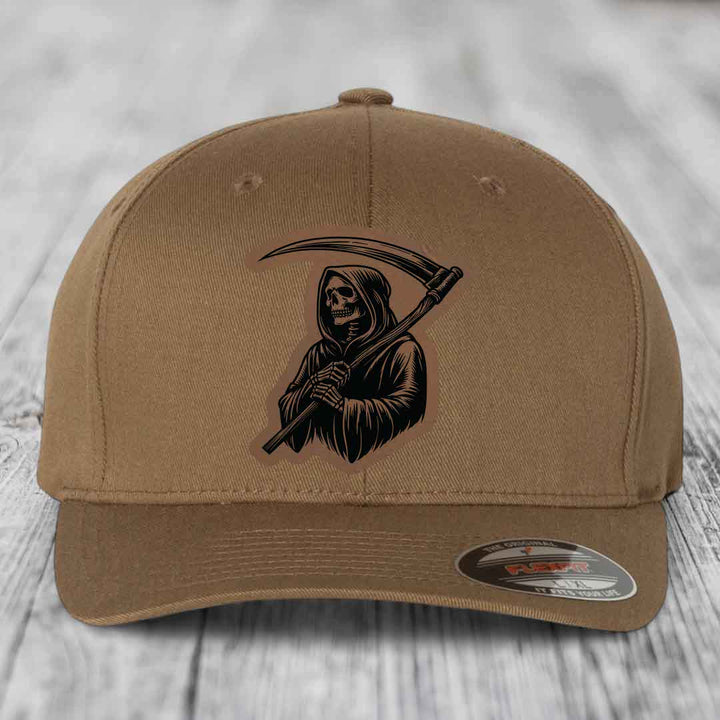 Grim Reaper - Leather Patch Hat - Dark Brown to Black Patch - Flexfit 6277 Fitted Hat