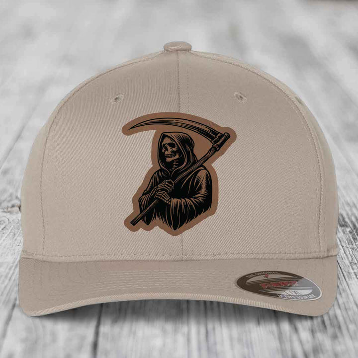 Grim Reaper - Leather Patch Hat - Dark Brown to Black Patch - Flexfit 6277 Fitted Hat
