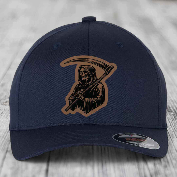 Grim Reaper - Leather Patch Hat - Dark Brown to Black Patch - Flexfit 6277 Fitted Hat