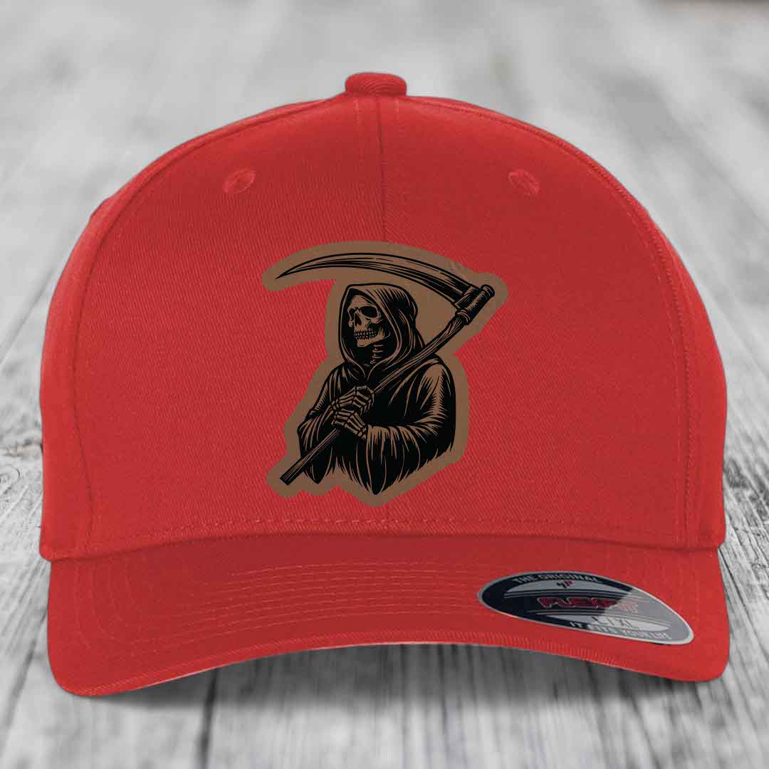 Grim Reaper - Leather Patch Hat - Dark Brown to Black Patch - Flexfit 6277 Fitted Hat
