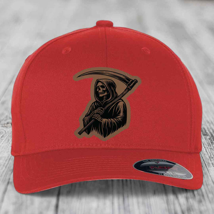 Grim Reaper - Leather Patch Hat - Dark Brown to Black Patch - Flexfit 6277 Fitted Hat