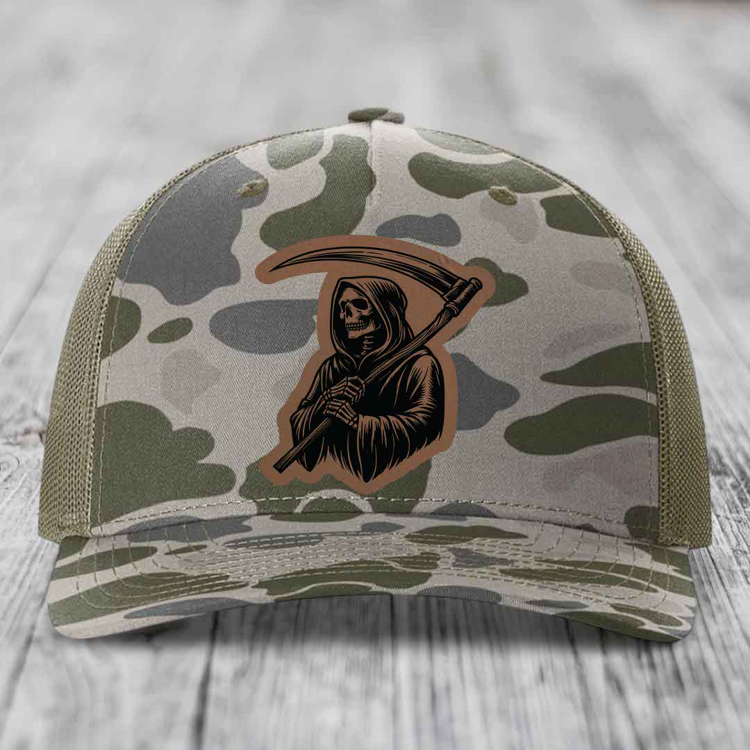 Grim Reaper - Leather Patch Hat - Dark Brown to Black Patch - Richardson 112PFP Snapback Trucker Hat