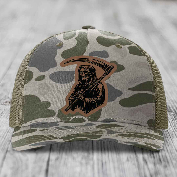 Grim Reaper - Leather Patch Hat - Dark Brown to Black Patch - Richardson 112PFP Snapback Trucker Hat