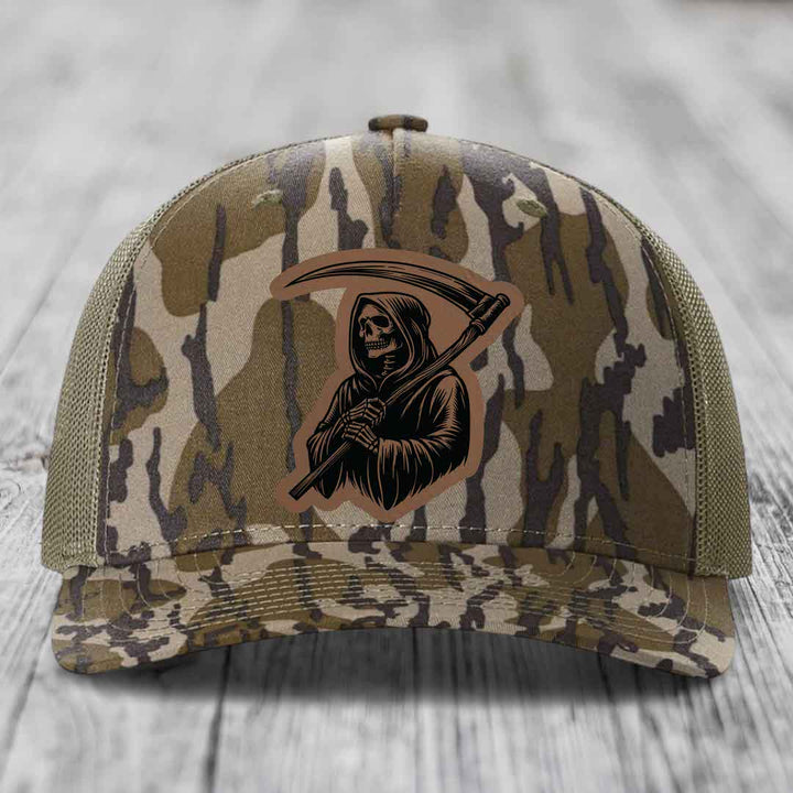 Grim Reaper - Leather Patch Hat - Dark Brown to Black Patch - Richardson 112PFP Snapback Trucker Hat