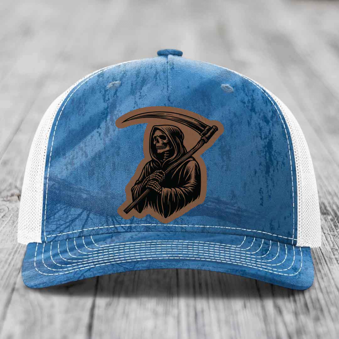 Grim Reaper - Leather Patch Hat - Dark Brown to Black Patch - Richardson 112PFP Snapback Trucker Hat