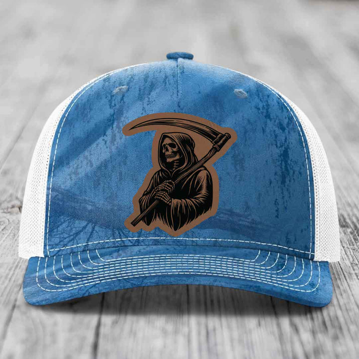 Grim Reaper - Leather Patch Hat - Dark Brown to Black Patch - Richardson 112PFP Snapback Trucker Hat