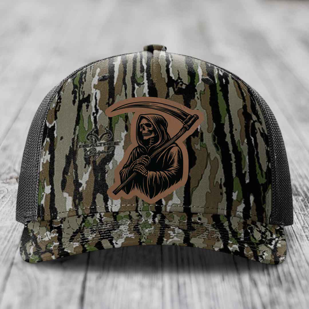 Grim Reaper - Leather Patch Hat - Dark Brown to Black Patch - Richardson 112PFP Snapback Trucker Hat
