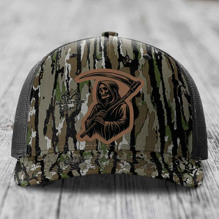 Grim Reaper - Leather Patch Hat - Dark Brown to Black Patch - Richardson 112PFP Snapback Trucker Hat