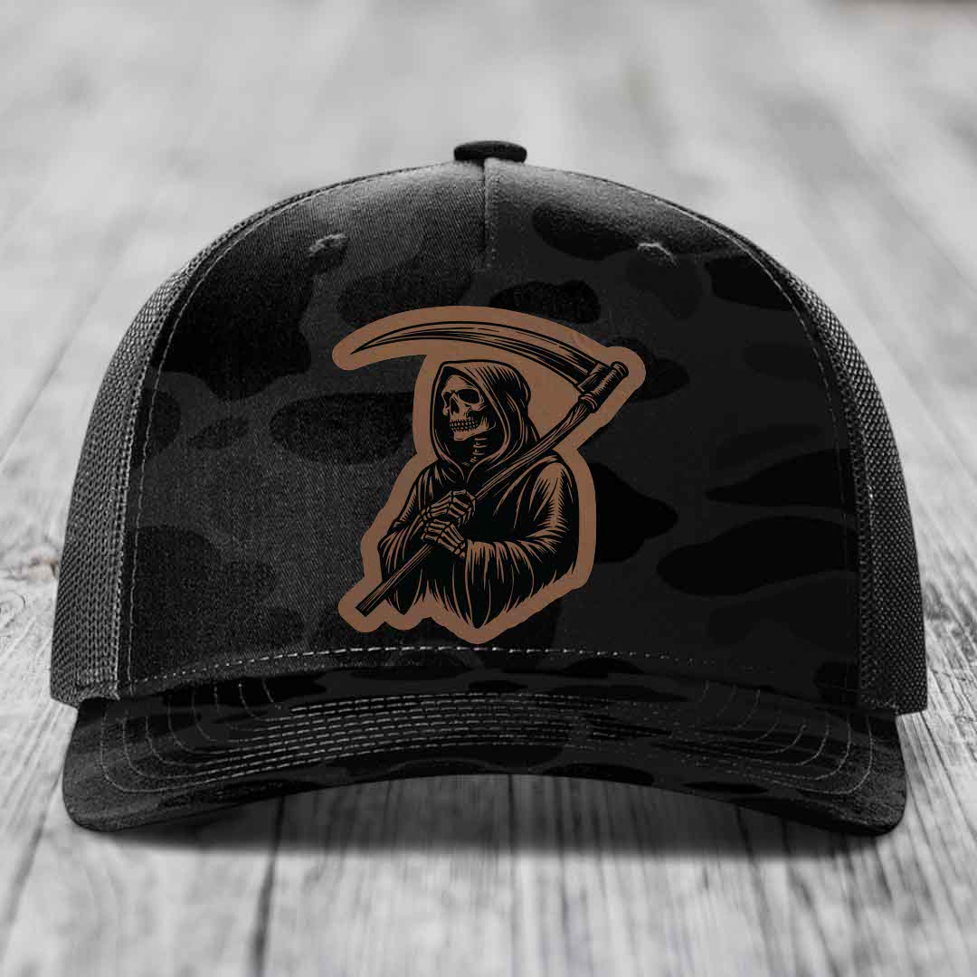 Grim Reaper - Leather Patch Hat - Dark Brown to Black Patch - Richardson 112PFP Snapback Trucker Hat