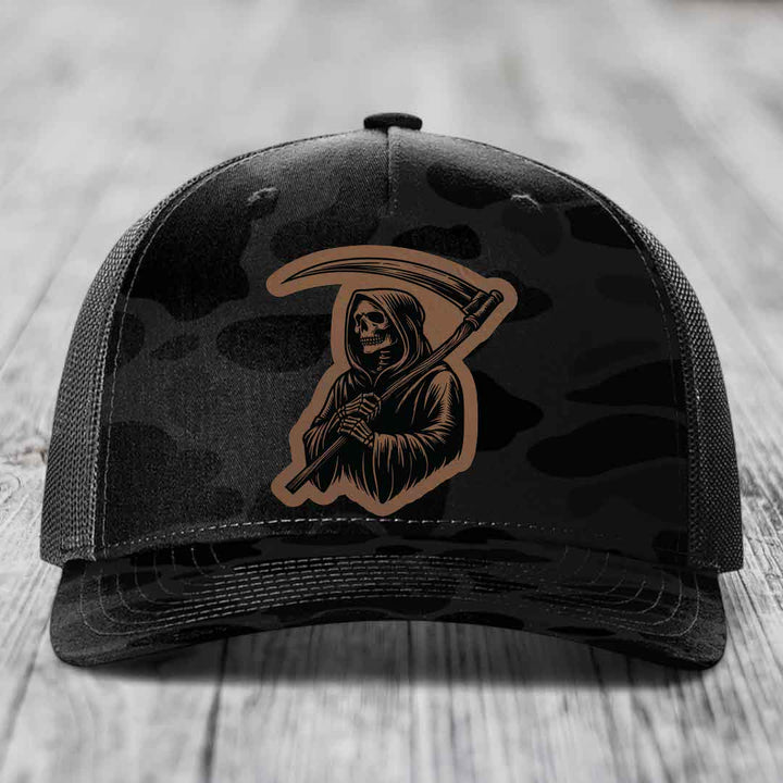 Grim Reaper - Leather Patch Hat - Dark Brown to Black Patch - Richardson 112PFP Snapback Trucker Hat