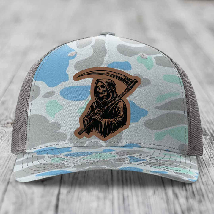 Grim Reaper - Leather Patch Hat - Dark Brown to Black Patch - Richardson 112PFP Snapback Trucker Hat