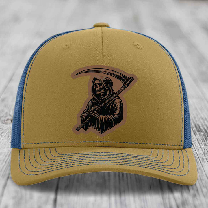 Grim Reaper - Leather Patch Hat - Dark Brown to Black Patch - Richardson 112 Snapback Trucker Hat