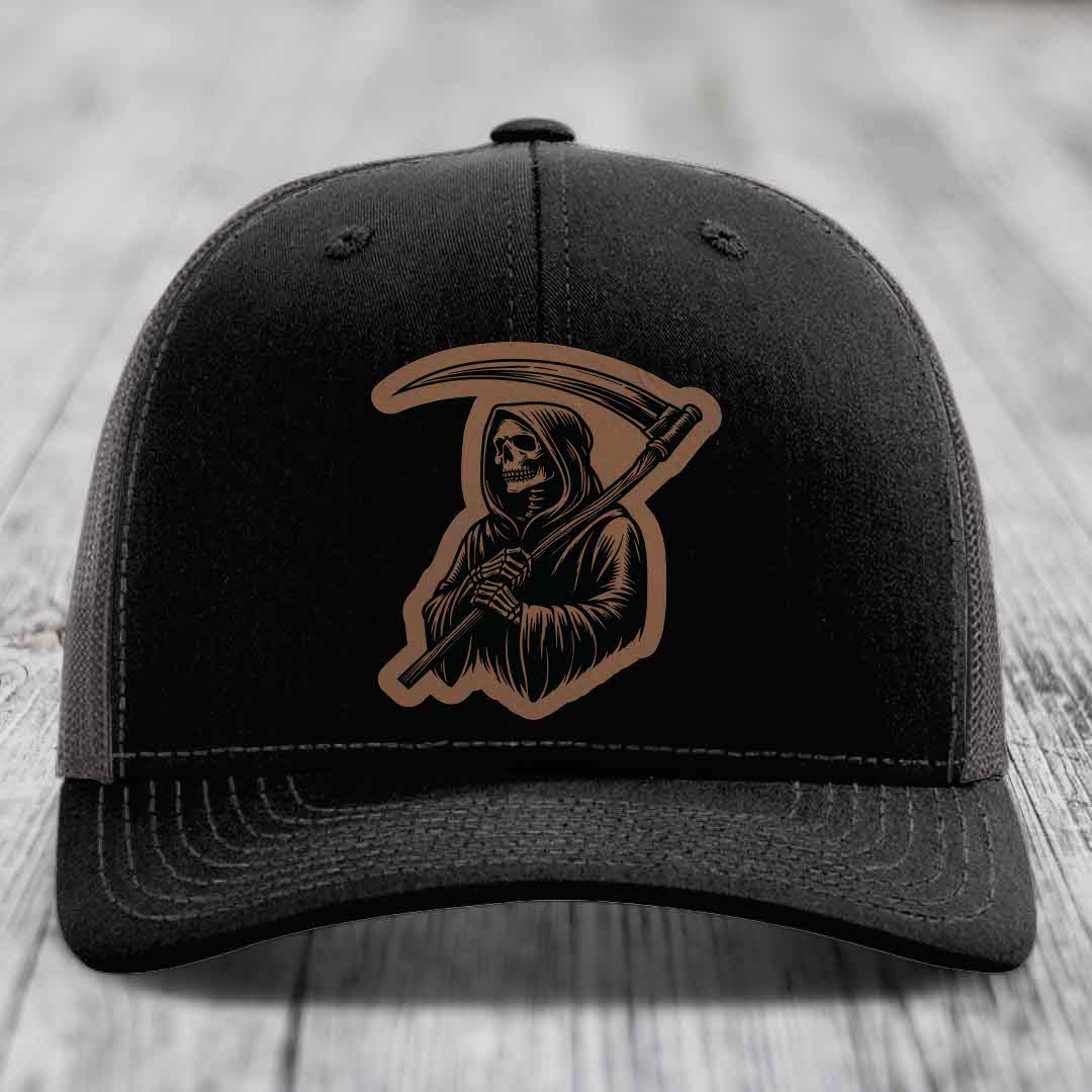 Grim Reaper - Leather Patch Hat - Dark Brown to Black Patch - Richardson 112 Snapback Trucker Hat