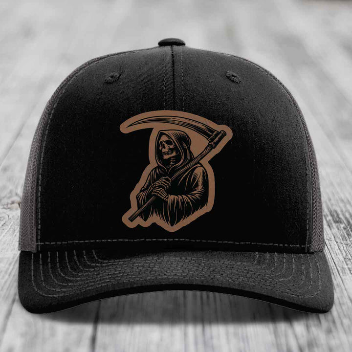 Grim Reaper - Leather Patch Hat - Dark Brown to Black Patch - Richardson 112 Snapback Trucker Hat
