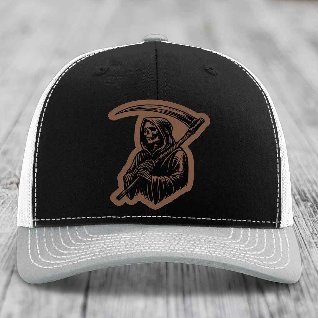 Grim Reaper - Leather Patch Hat - Dark Brown to Black Patch - Richardson 112 Snapback Trucker Hat