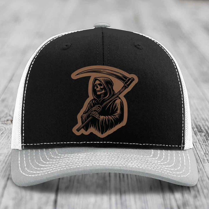 Grim Reaper - Leather Patch Hat - Dark Brown to Black Patch - Richardson 112 Snapback Trucker Hat