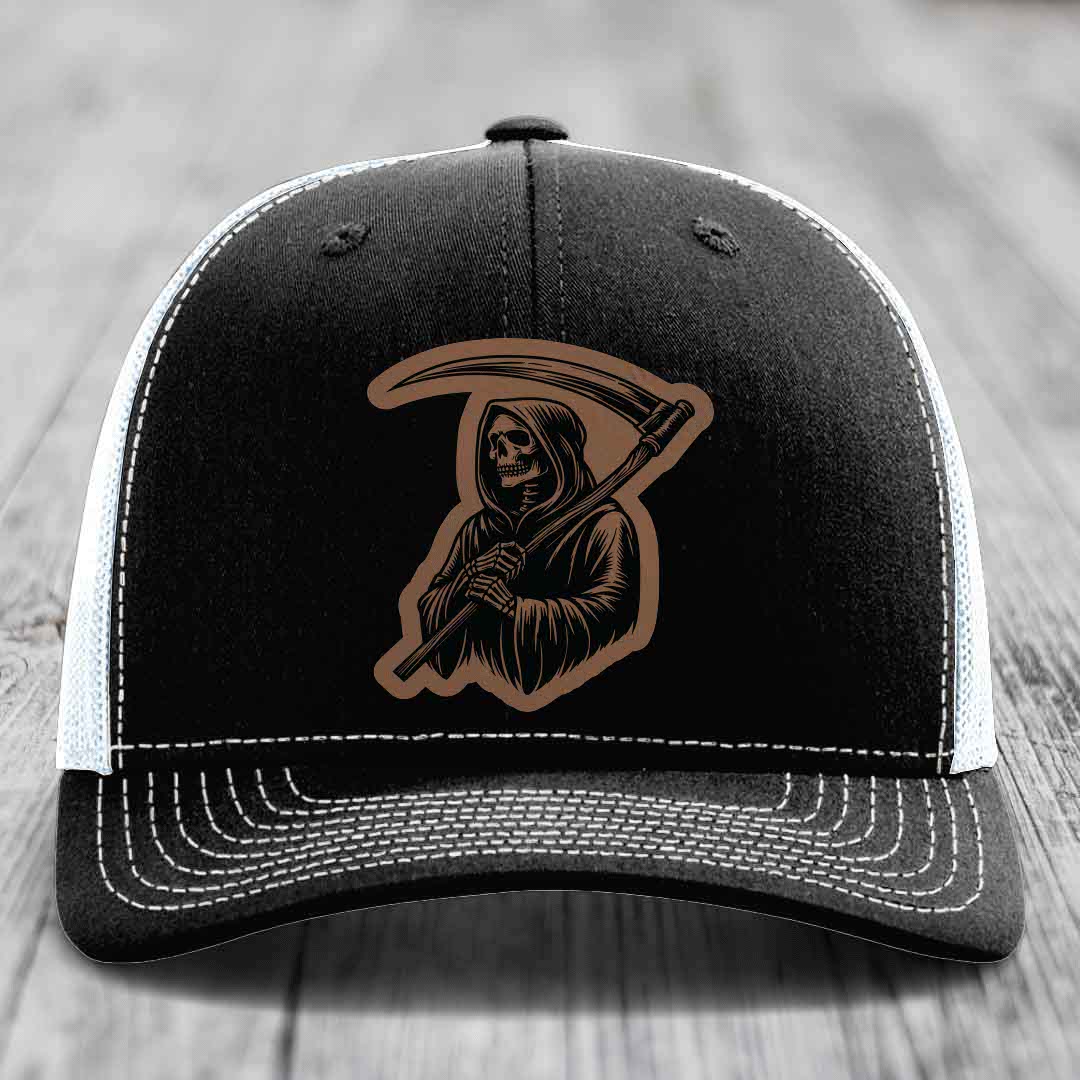 Grim Reaper - Leather Patch Hat - Dark Brown to Black Patch - Richardson 112 Snapback Trucker Hat