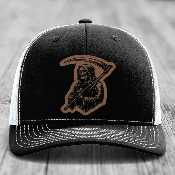 Grim Reaper - Leather Patch Hat - Dark Brown to Black Patch - Richardson 112 Snapback Trucker Hat