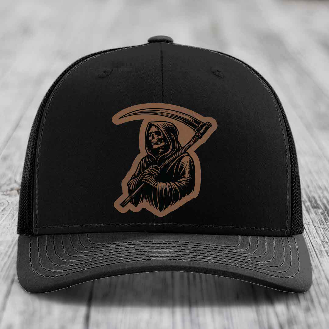 Grim Reaper - Leather Patch Hat - Dark Brown to Black Patch - Richardson 112 Snapback Trucker Hat