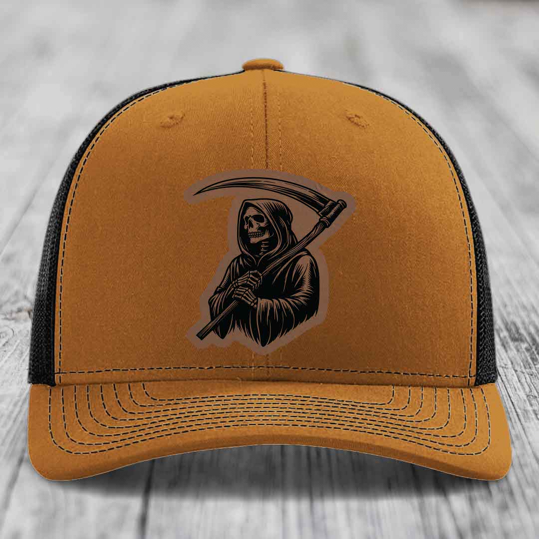 Grim Reaper - Leather Patch Hat - Dark Brown to Black Patch - Richardson 112 Snapback Trucker Hat