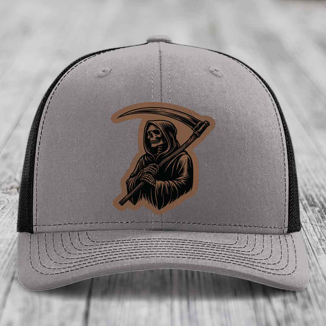 Grim Reaper - Leather Patch Hat - Dark Brown to Black Patch - Richardson 112 Snapback Trucker Hat